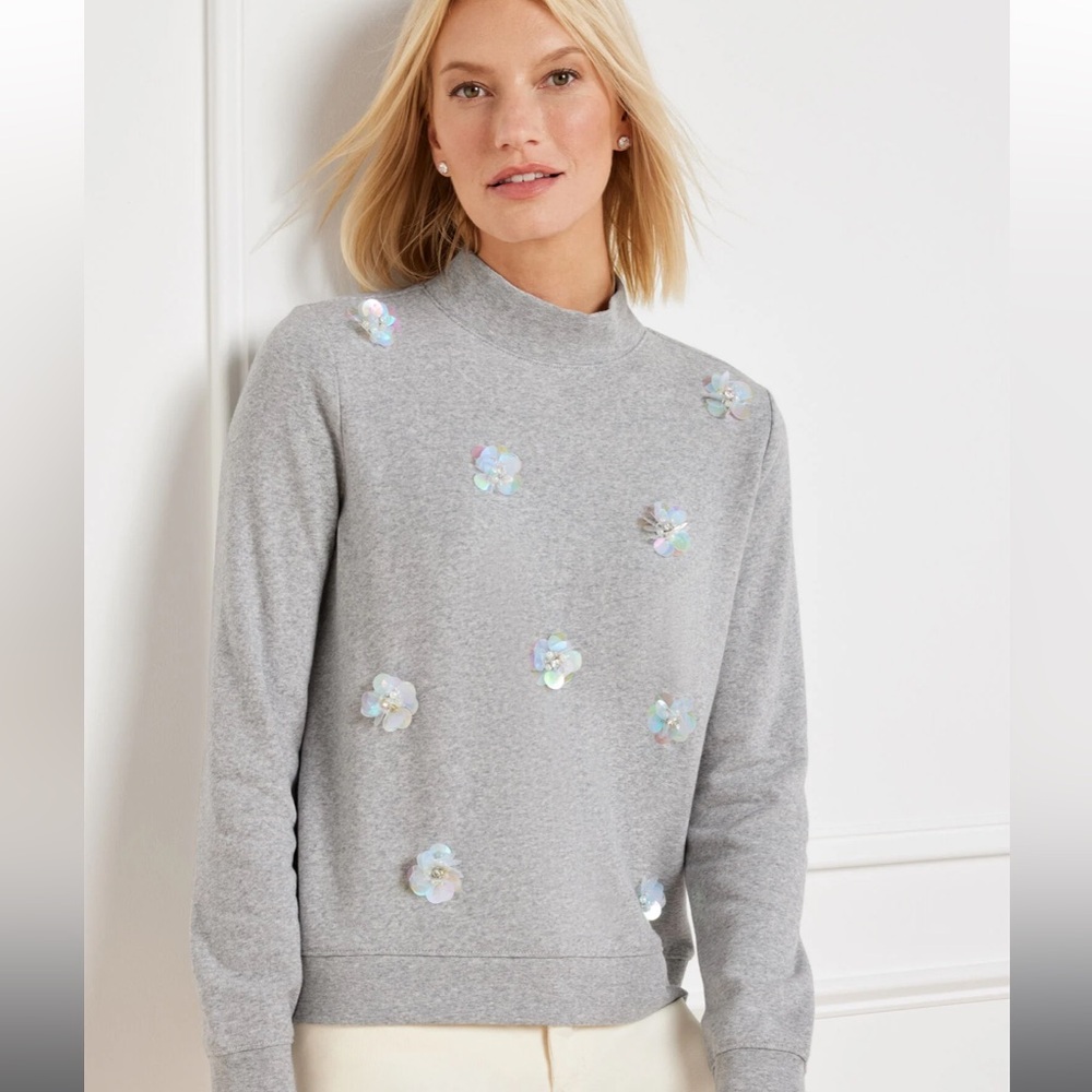 Talbots Embellished Mockneck Sweatshirt Grey Sky Heather